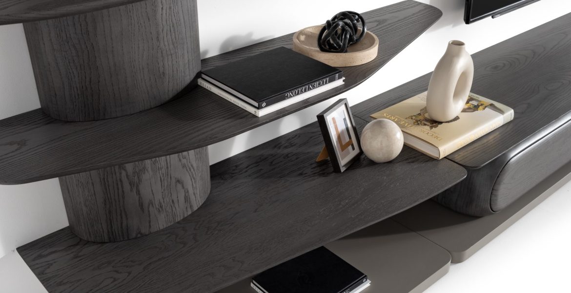 Sleek TV console with smooth wooden finish.
