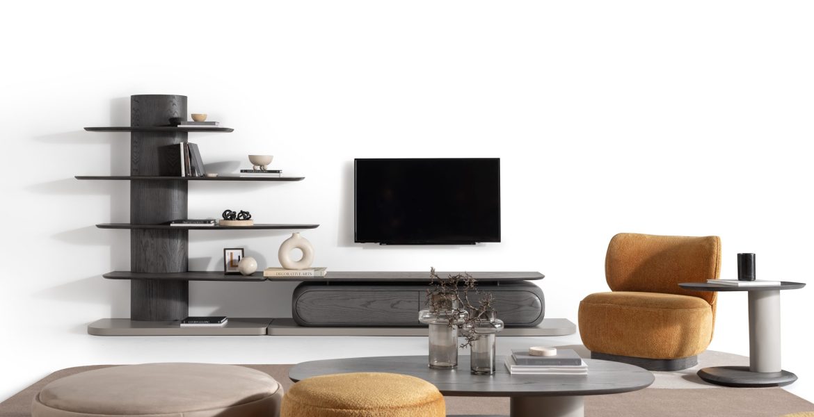 TV stand with integrated shelving system.