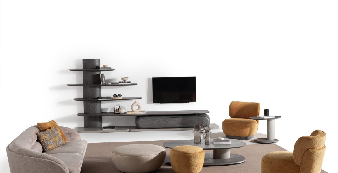 Elegant wooden TV unit with curved edges.