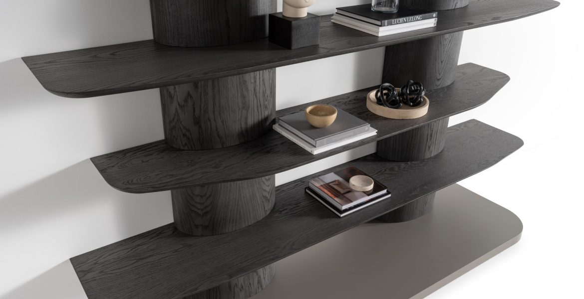 TV stand with integrated shelving system.