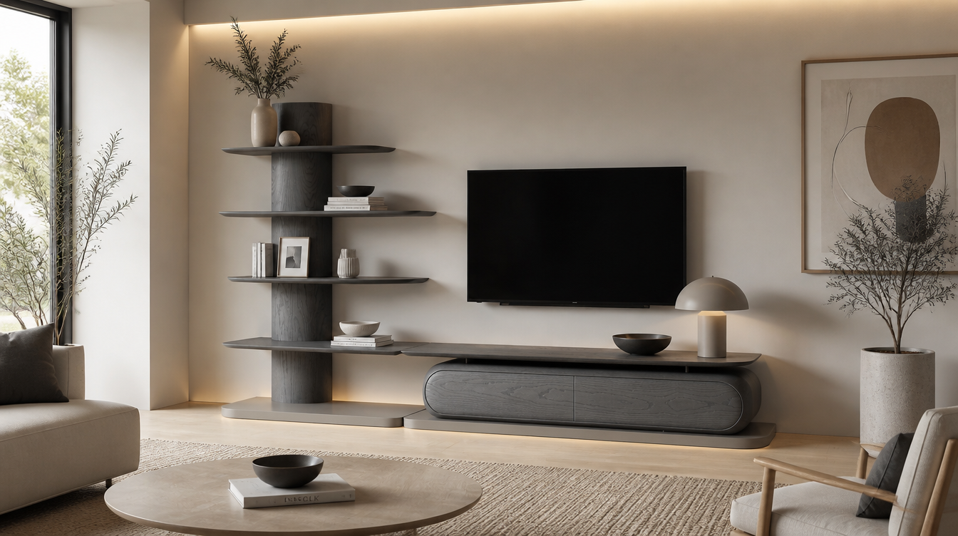 Moon media console with floating shelves by Dimax furniture contractor