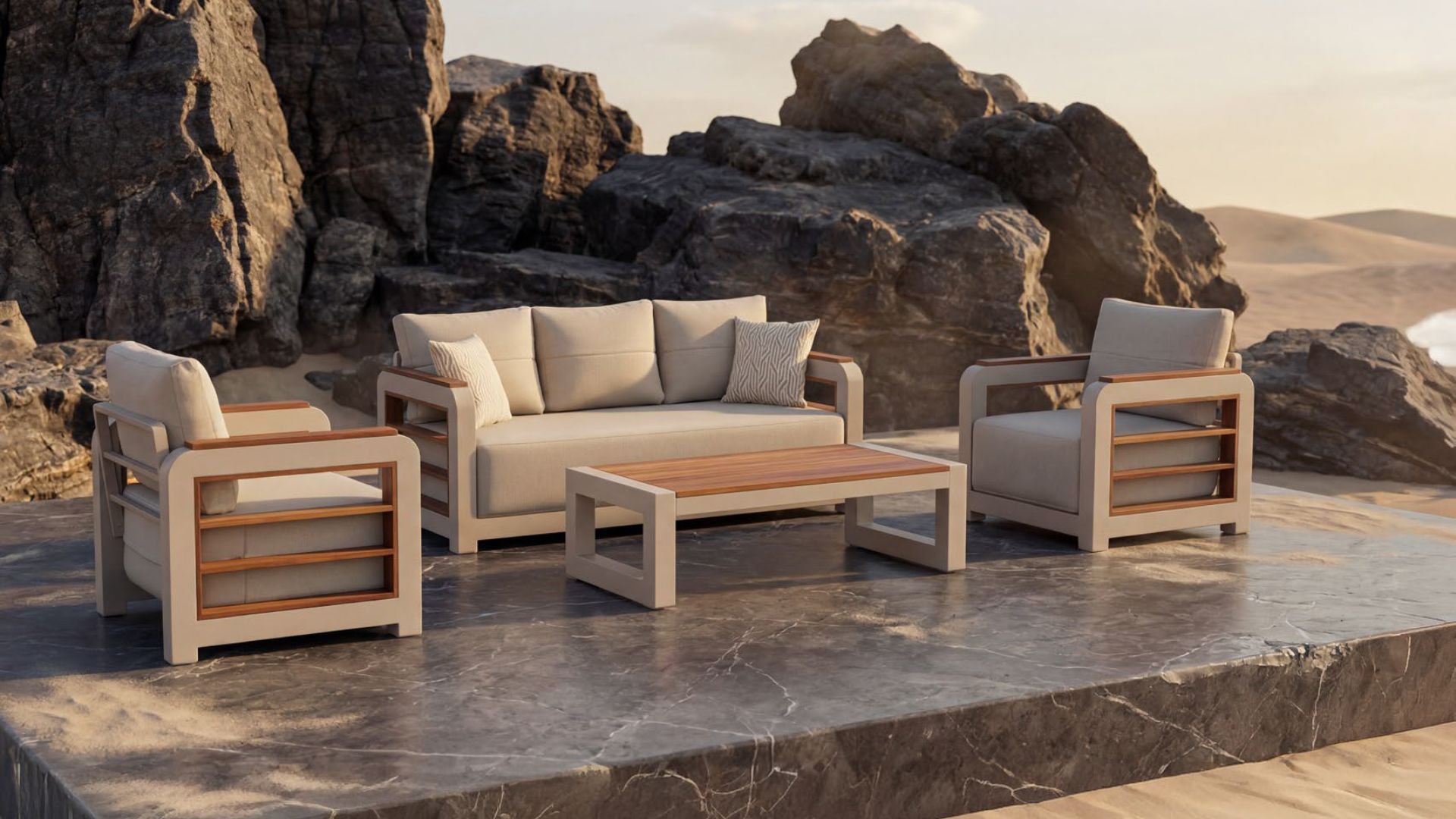 Modern outdoor sofa and armchairs with wooden frames and neutral cushions.