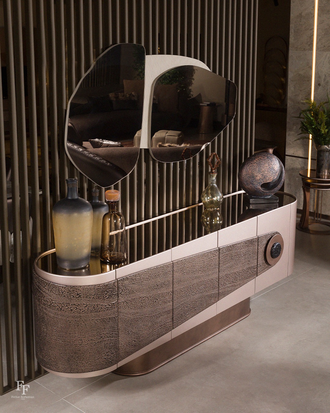 Patara Dining Room Furniture featuring bronze panels.