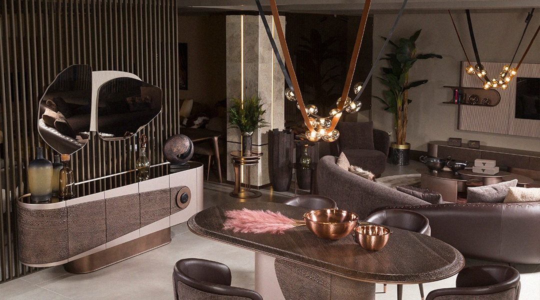 Modern Dining Room Furniture sideboard with curved design and mirror accents.