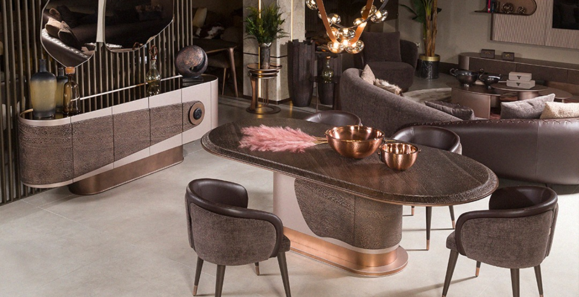 Modern Dining Room Furniture sideboard with curved design and mirror accents.