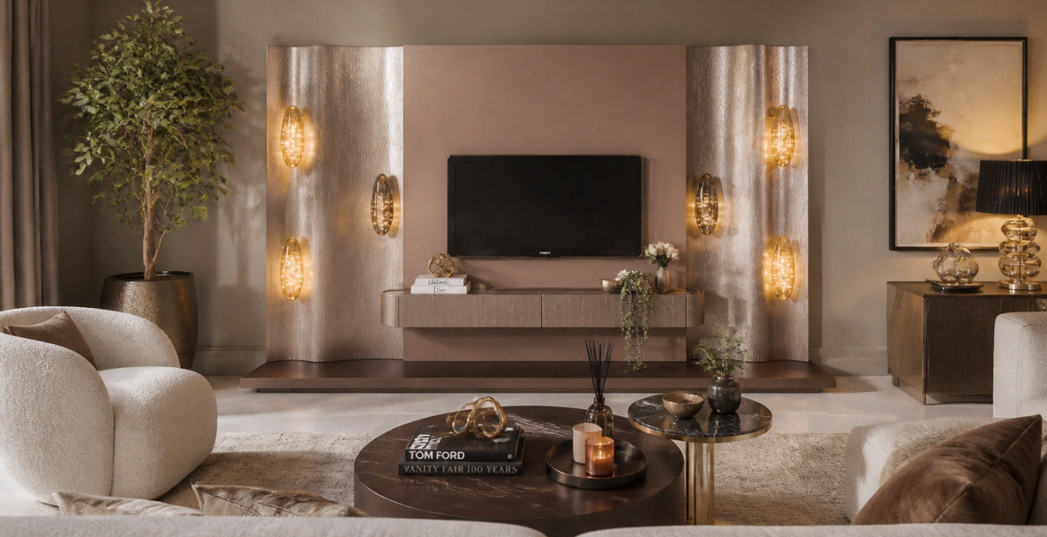 Modern Platinium media unit designed by Dimax furniture contractor