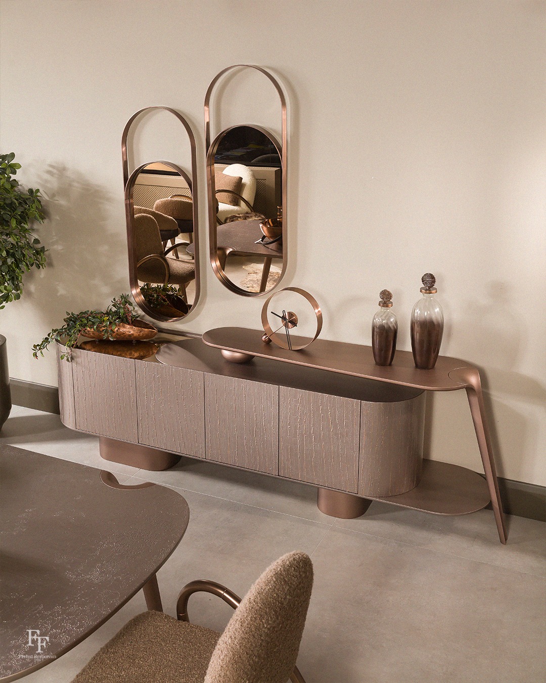 Platinum Dining Room Furniture featuring bronze legs.