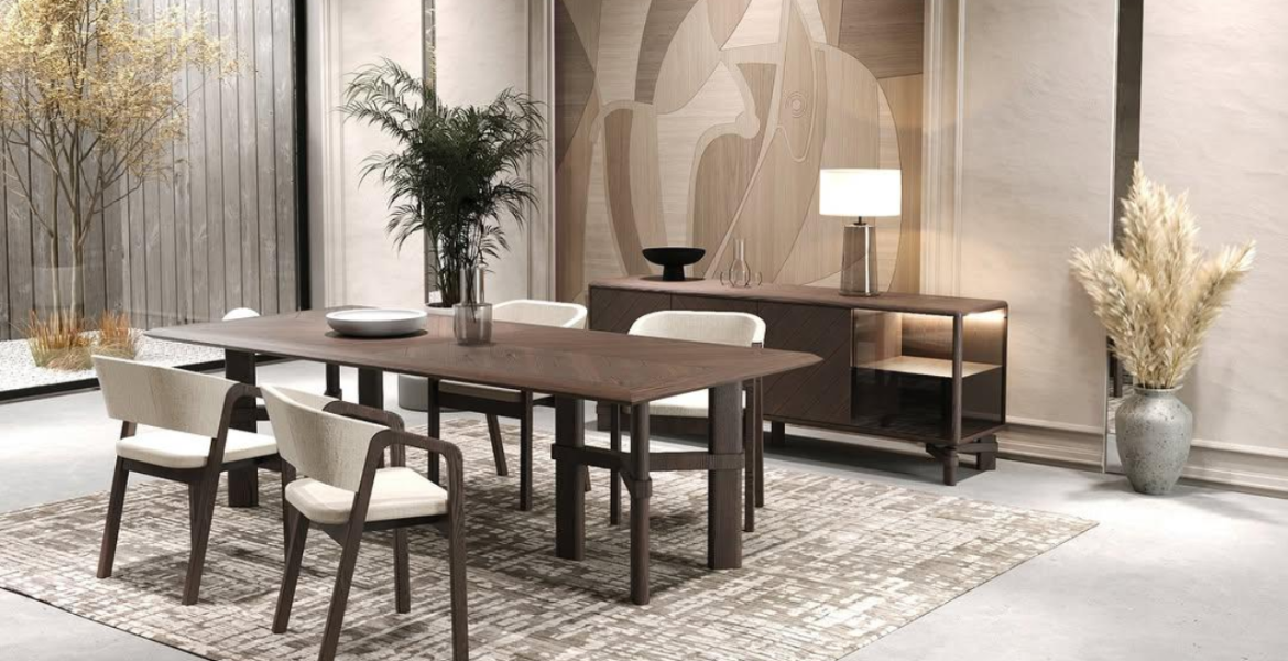 Modern dining chairs with soft beige upholstery.