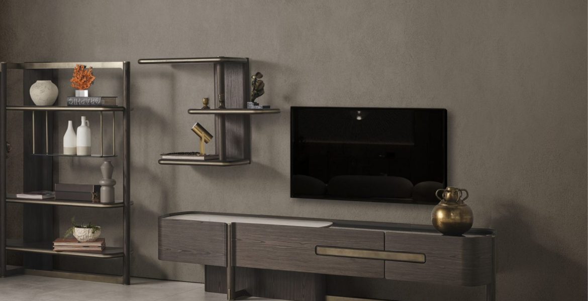 West Modern TV Unit featuring shelves and storage.