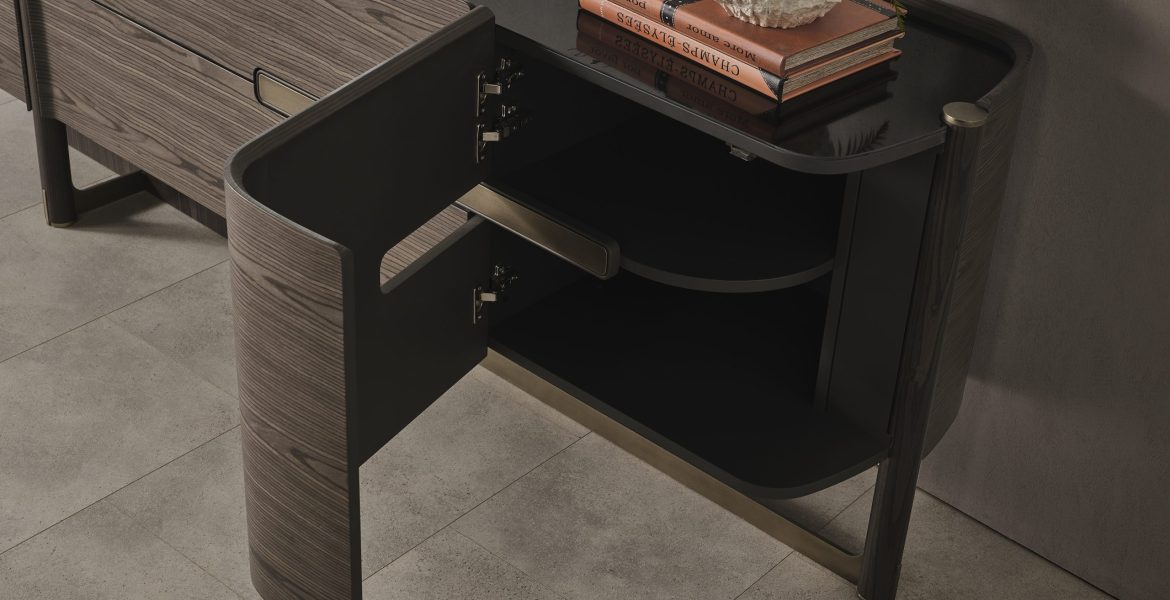 TV stand with integrated shelving system.