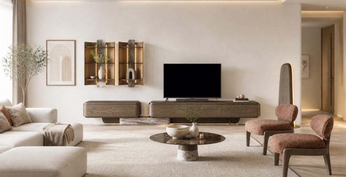 Wooden media unit with integrated shelves