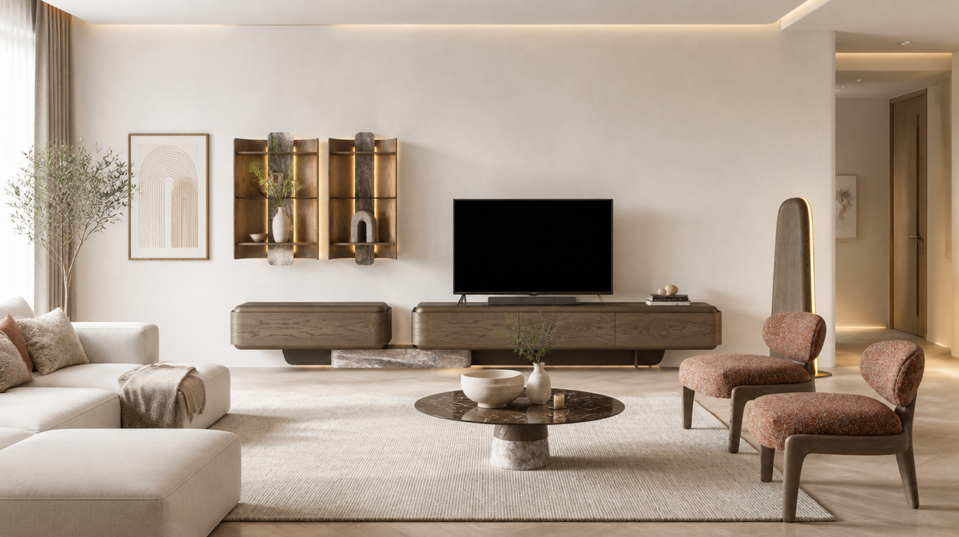 Wooden media unit with integrated shelves