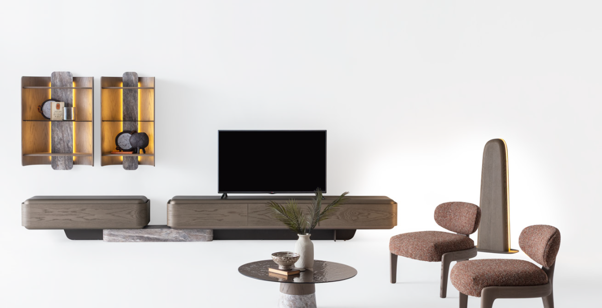 Floating shelves with integrated lighting.